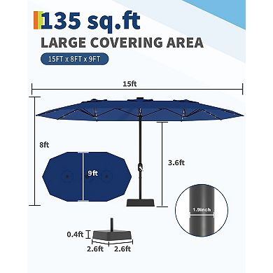 15FT Triple Patio Umbrella with Base & Solar LED Lights, UV Resistant Outdoor Umbrella for Deck