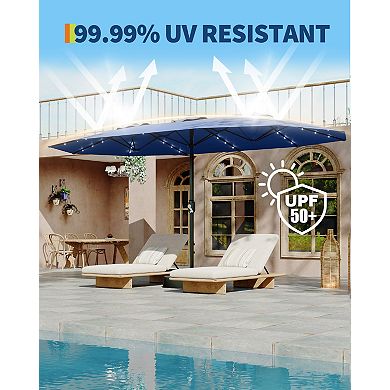 15FT Triple Patio Umbrella with Base & Solar LED Lights, UV Resistant Outdoor Umbrella for Deck