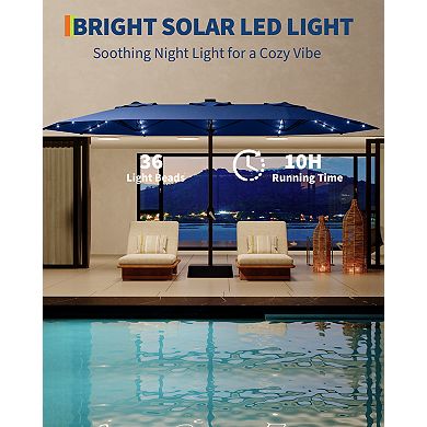 15FT Triple Patio Umbrella with Base & Solar LED Lights, UV Resistant Outdoor Umbrella for Deck