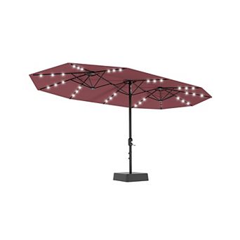 15FT Triple Patio Umbrella with Base & Solar LED Lights, UV Resistant Outdoor Umbrella for Deck