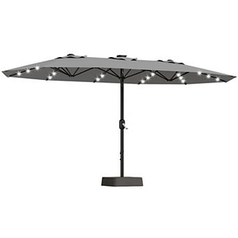 15FT Triple Patio Umbrella with Base & Solar LED Lights, UV Resistant Outdoor Umbrella for Deck