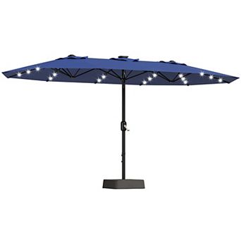 15FT Triple Patio Umbrella with Base & Solar LED Lights, UV Resistant Outdoor Umbrella for Deck