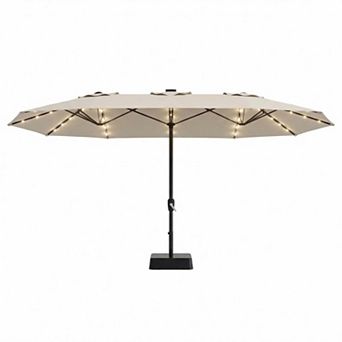 15FT Triple Patio Umbrella with Base & Solar LED Lights, UV Resistant Outdoor Umbrella for Deck