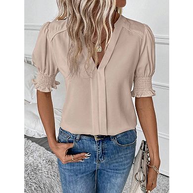 Women's Fashion V Neck Puff Sleeve Blouses Solid Color Elegant Chiffon Tops Party Evening Shirts