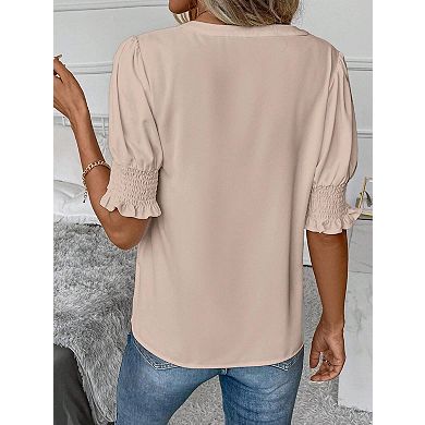 Women's Fashion V Neck Puff Sleeve Blouses Solid Color Elegant Chiffon Tops Party Evening Shirts
