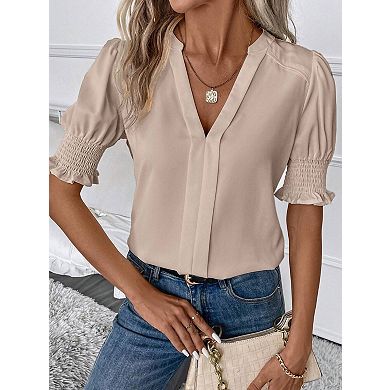 Women's Fashion V Neck Puff Sleeve Blouses Solid Color Elegant Chiffon Tops Party Evening Shirts