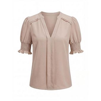 Women's Fashion V Neck Puff Sleeve Blouses Solid Color Elegant Chiffon Tops Party Evening Shirts