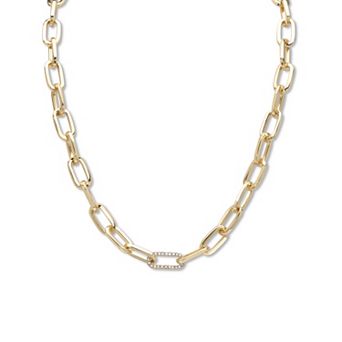 White Round Pave' Crystal Paperclip Chain Necklace Goldtone 18"- 20" Length