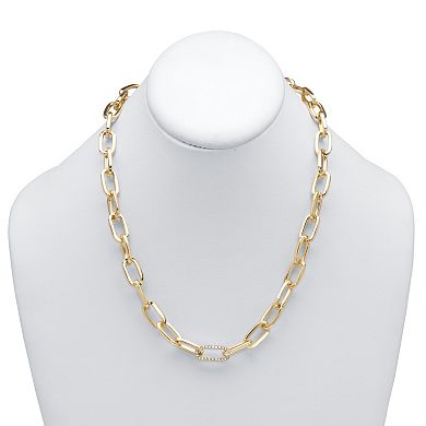 White Round Pave' Crystal Paperclip Chain Necklace Goldtone 18"- 20" Length