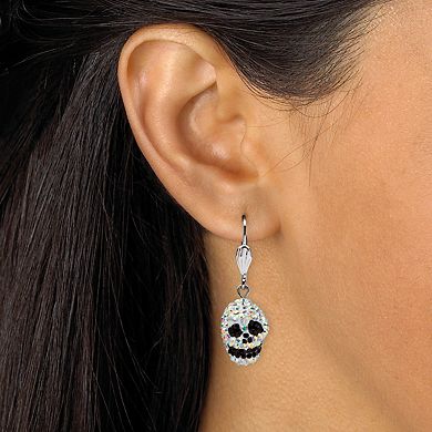Aurora Borealis and Black Crystal Skull Drop Earrings in Silvertone