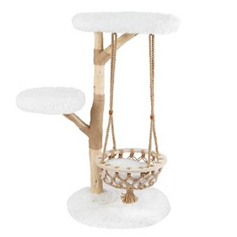 Costway 48.5" Solid Wood Cat Tree with Hanging Cradle Jute Scratching Post Perch Soft Plush