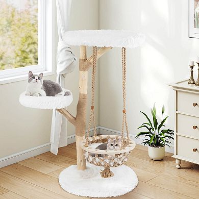 Costway 48.5" Solid Wood Cat Tree with Hanging Cradle Jute Scratching Post Perch Soft Plush
