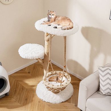 Costway 48.5" Solid Wood Cat Tree with Hanging Cradle Jute Scratching Post Perch Soft Plush