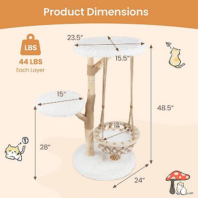 Costway 48.5" Solid Wood Cat Tree with Hanging Cradle Jute Scratching Post Perch Soft Plush