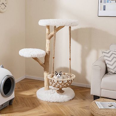 Costway 48.5" Solid Wood Cat Tree with Hanging Cradle Jute Scratching Post Perch Soft Plush