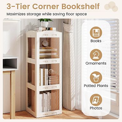 Costway 360° Spinning Bookcase with Swivel Base, 3-Tier Revolving Bookshelf Tower for Study White