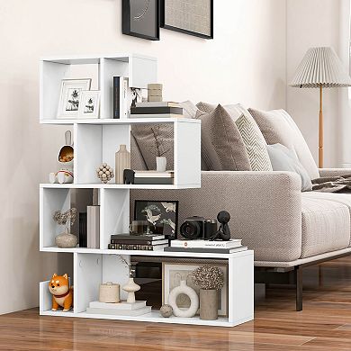Costway S-shaped Bookshelf Freestanding Stepped Etagere Bookcase with Anti-tipping Kits