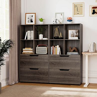 Costway 2 PCS 4-Cube Bookcase with 2 Drawers, Tall Freestanding Bookshelf for Living Room