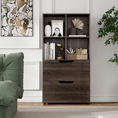 Costway 2 PCS 4-Cube Bookcase with 2 Drawers, Tall Freestanding Bookshelf for Living Room