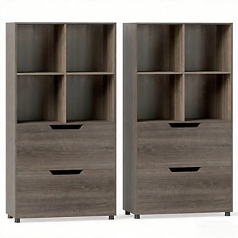 Costway 2 pc 4-Cube Bookcase with 2 Drawers, Tall Freestanding Bookshelf for Living Room