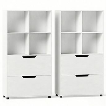 Costway 2 pc 4-Cube Bookcase with 2 Drawers, Tall Freestanding Bookshelf for Living Room
