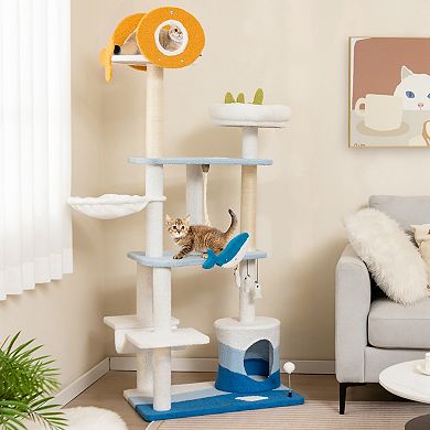 Costway Petsite Ocean-themed Cat Tree Tower with Sisal Covered Scratching Posts Condo Perch Hammock