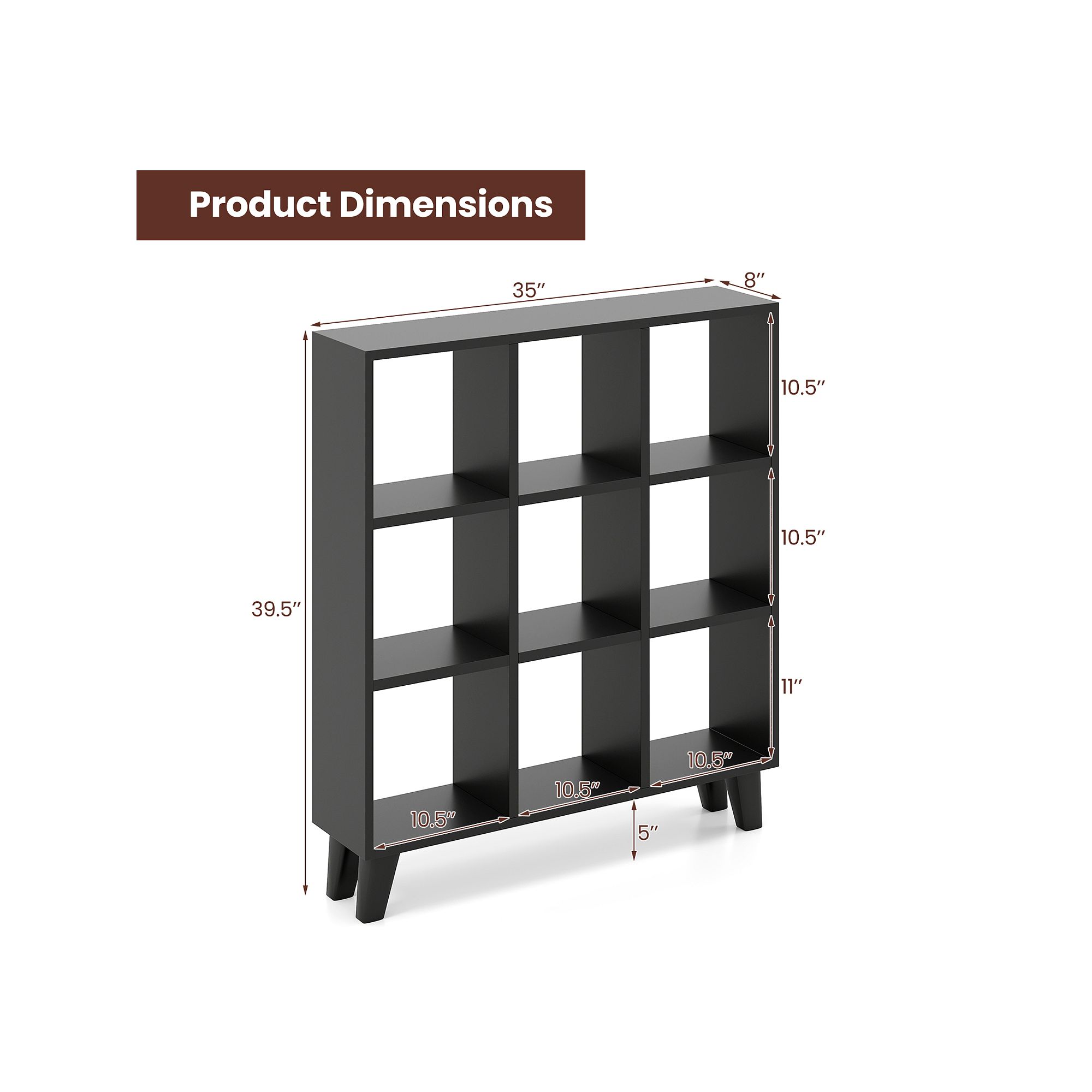 Product dimensions diagram of a cubby bookcase with measurements in inches