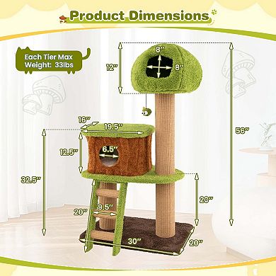 Costway 56" Tall Cat Tower with Mushroom-shaped Nest Condo Climbing Ladder Teasing Ball