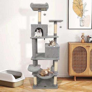 Costway 70” Cat Tree for Indoor Cats with Padded Top Perch, Dual Condos, Hammock, Platforms