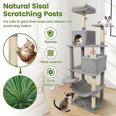 Costway 70” Cat Tree for Indoor Cats with Padded Top Perch, Dual Condos, Hammock, Platforms