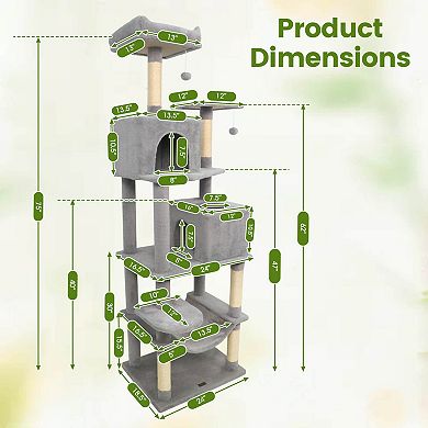 Costway 70” Cat Tree for Indoor Cats with Padded Top Perch, Dual Condos, Hammock, Platforms