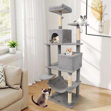 Costway 70” Cat Tree for Indoor Cats with Padded Top Perch, Dual Condos, Hammock, Platforms