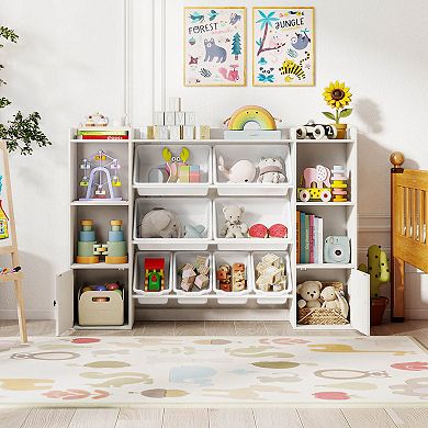Costway Kids Toy Storage and Bookshelf with 8 Boxes Open Shelves & 2 Single-door Cabinets