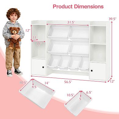 Costway Kids Toy Storage and Bookshelf with 8 Boxes Open Shelves & 2 Single-door Cabinets