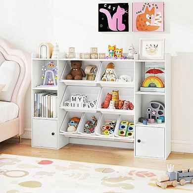 Costway Kids Toy Storage and Bookshelf with 8 Boxes Open Shelves & 2 Single-door Cabinets