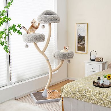 Costway Cat Tree Tower 70'' Multi-Level Kitten Activity Center with 3 Perches & Balls Gray