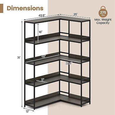 Costway Corner Bookshelf 5-Tier L-Shaped Bookcase 71" Tall Etagere Bookshelf