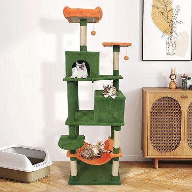 Costway 70” Cat Tree for Indoor Cats with Padded Top Perch, Dual Condos, Hammock, Platforms