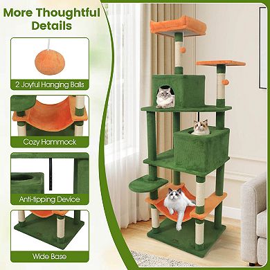 Costway 70” Cat Tree for Indoor Cats with Padded Top Perch, Dual Condos, Hammock, Platforms