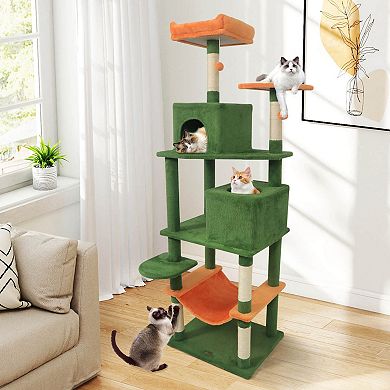 Costway 70” Cat Tree for Indoor Cats with Padded Top Perch, Dual Condos, Hammock, Platforms