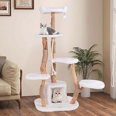 Costway 66" Tall Solid Wood Cat Tree with Perch Condo Jute Scratching Posts Sisal Rope