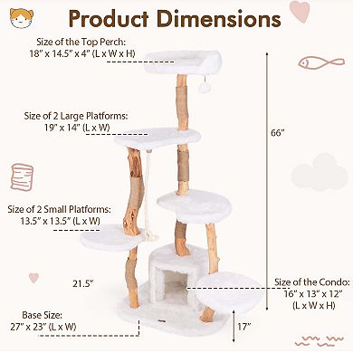 Costway 66" Tall Solid Wood Cat Tree with Perch Condo Jute Scratching Posts Sisal Rope