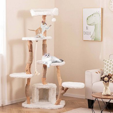 Costway 66" Tall Solid Wood Cat Tree with Perch Condo Jute Scratching Posts Sisal Rope