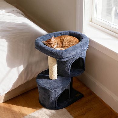 Costway 26” Small Cat Tree with Large Padded Plush Perch, 2 Condos, Sisal Scratching Posts
