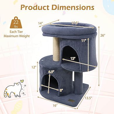 Costway 26” Small Cat Tree with Large Padded Plush Perch, 2 Condos, Sisal Scratching Posts