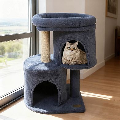 Costway 26” Small Cat Tree with Large Padded Plush Perch, 2 Condos, Sisal Scratching Posts