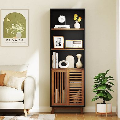 Costway 70” Bookshelf, 5-Tier Bookcase with Reversible Adjustable Shelf & Sliding Doors