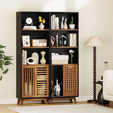 Costway 70” Bookshelf, 5-Tier Bookcase with Reversible Adjustable Shelf & Sliding Doors