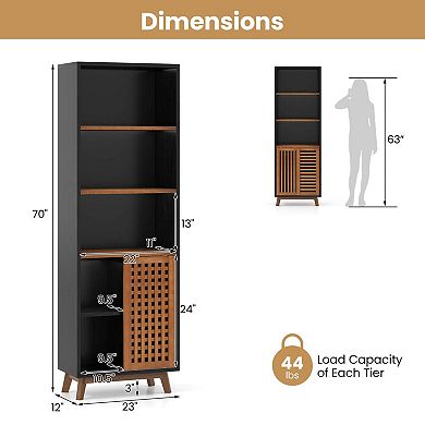 Costway 70” Bookshelf, 5-Tier Bookcase with Reversible Adjustable Shelf & Sliding Doors