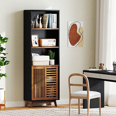 Costway 70” Bookshelf, 5-Tier Bookcase with Reversible Adjustable Shelf & Sliding Doors